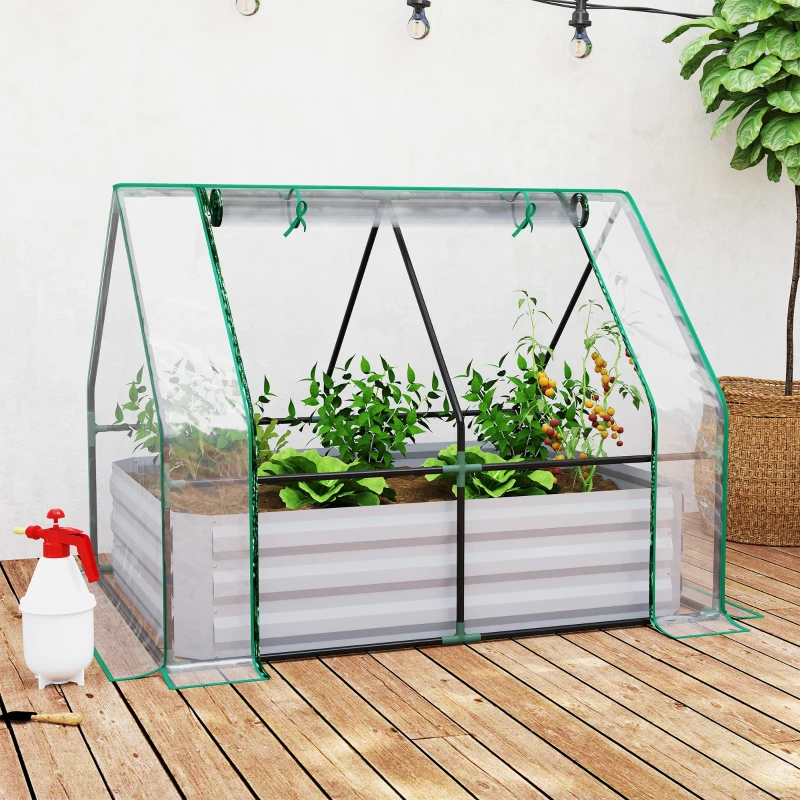 Outsunny Raised Garden Bed with Cover, Outdoor Galvanized Metal Planter Box Kit, 4 x 3 ft Mini Greenhouse with 2 Large Screen Windows, for Growing Flowers, Vegetables and Herbs, Clear