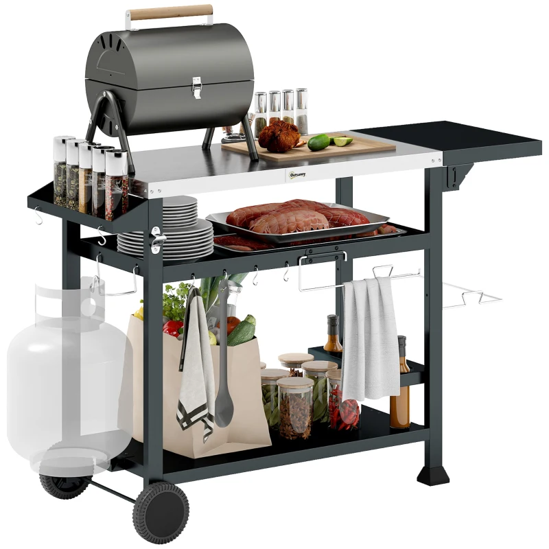 Outsunny 3-Shelf Outdoor Grill Cart Table with Foldable Side Table and Stainless Steel Table Top, Pizza Oven Stand on Wheels
