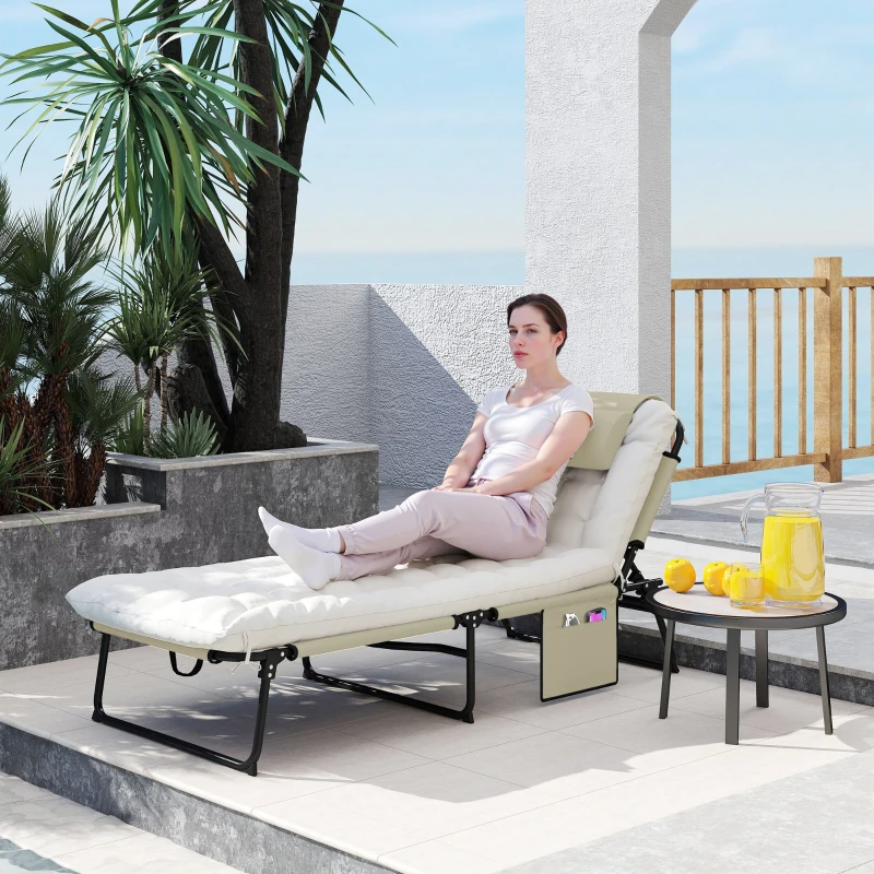 Outsunny Folding Chaise Lounge Pool Chair with 4-level Reclining Back, Cushion, Side Pocket, Headrest, Beige