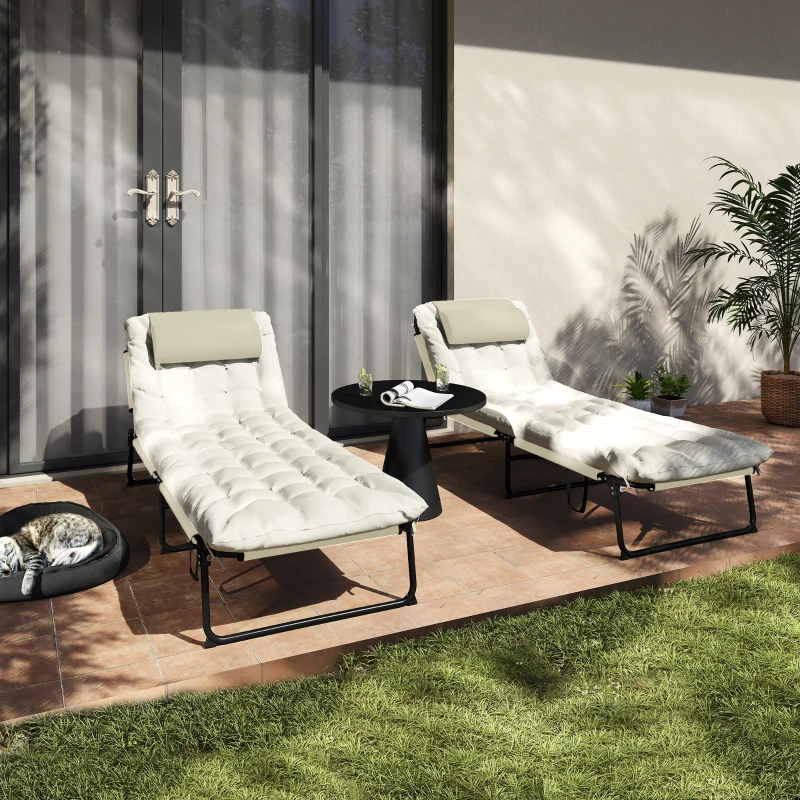 Outsunny 2-Piece Folding Lounge Chairs with Adjustable Backrest, Tanning Chair with Cushion, Side Pocket, Headrest, Beige