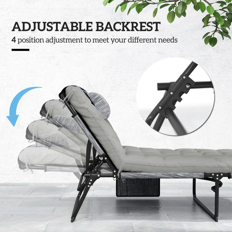 Outsunny Folding Chaise Lounge Pool Chair with 4-level Reclining Back, Cushion, Side Pocket, Headrest, Gray