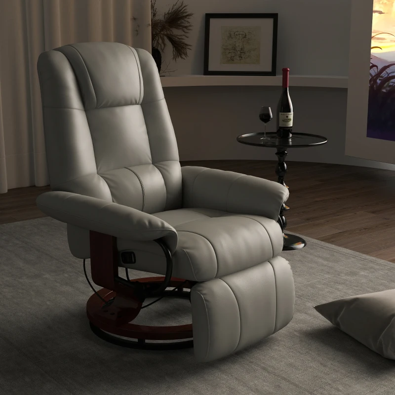HOMCOM Faux Leather Manual Recliner, Adjustable Swivel Lounge Chair with Footrest, Armrest and Wrapped Wood Base for Living Room, Gray(m-2)