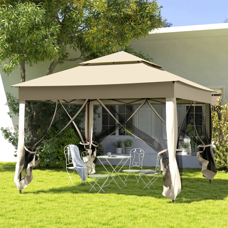 Outsunny Outdoor Patio Pop Up Canopy Gazebo Shelter with Zipper Netting, Carry Bag, 11' x 11', Beige