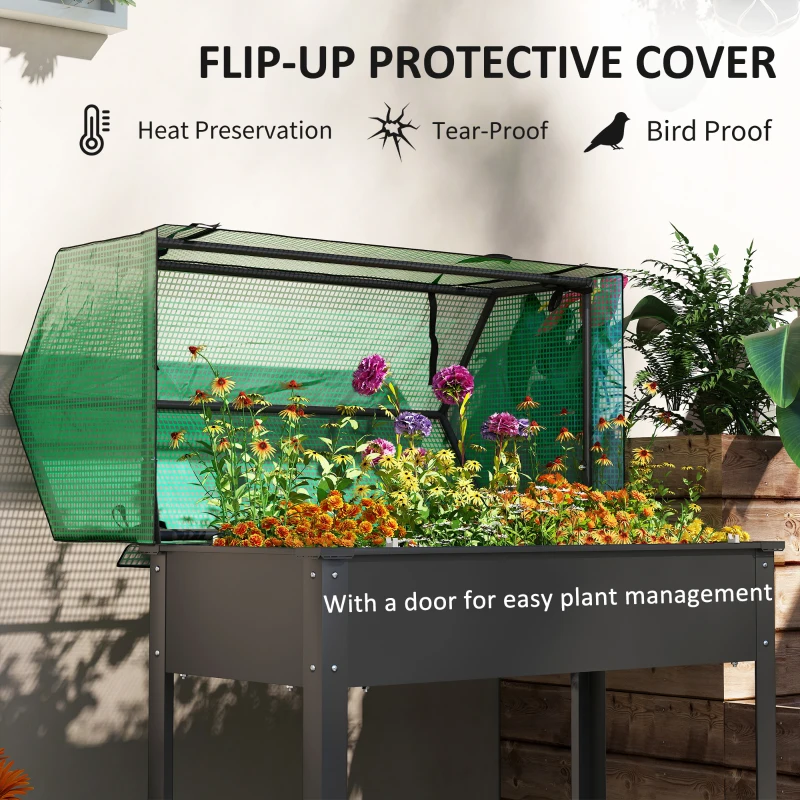 Outsunny Raised Garden Bed Planter with PE Greenhouse Cover, Elevated Garden Bed Box with Drainage Hole for Flowers, Black