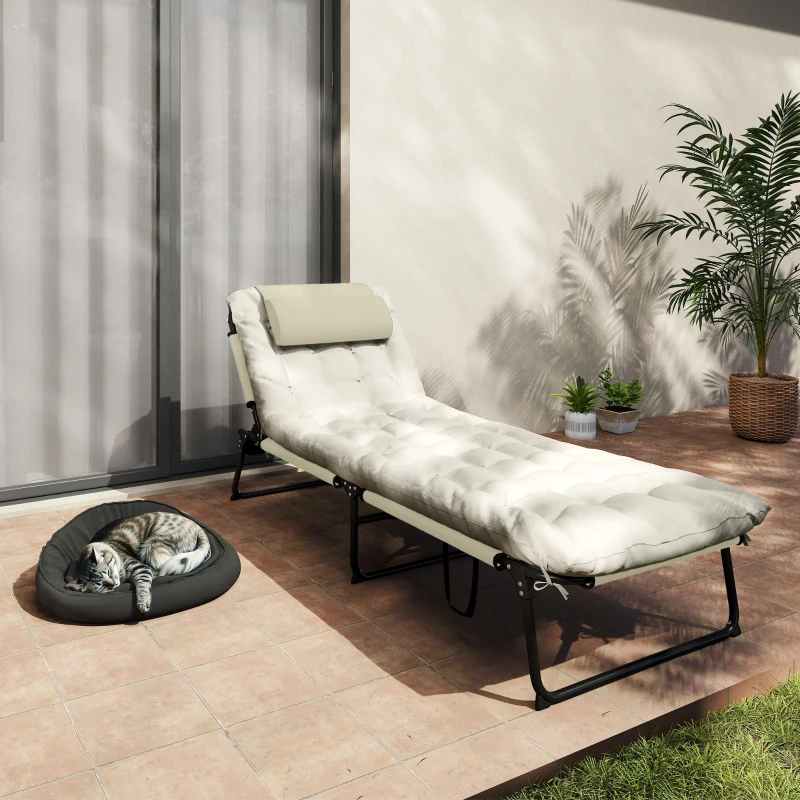 Outsunny Folding Lounge Chair with 4-level Reclining Back & Cushion, Beige