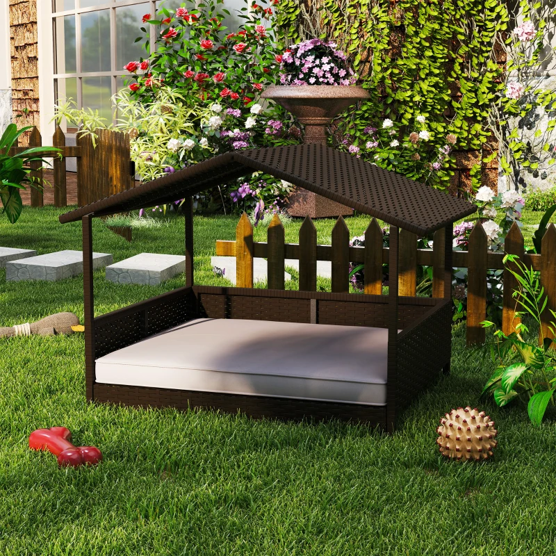 PawHut Wicker Dog House Outdoor with Canopy, Rattan Dog Bed with Water-resistant Cushion, Raised Dog Bed for Small, Medium Dogs up to 66 lbs, 19.75" in Length, Brown Wicker, White Cushion