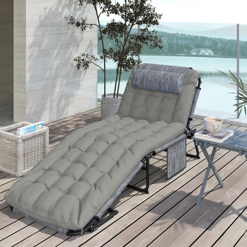 Outsunny Folding Chaise Lounge Pool Chair with 4-level Reclining Back, Cushion, Side Pocket, Headrest, Gray