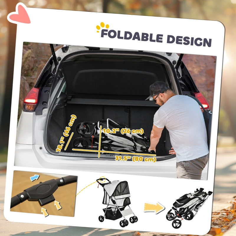 PawHut Dog Stroller, One-click Folding Pet Stroller with Cup Holder, 4 Wheels Travel Carrier w/ Brakes, 360° Swiveling Front Wheels, Storage Basket, for XS/Small Dogs Cats, Grey