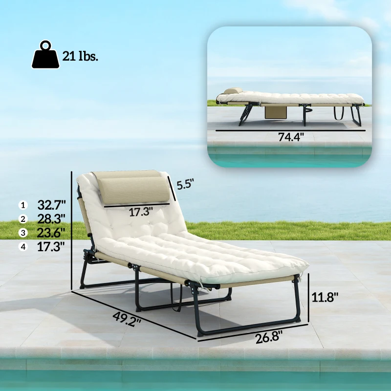 Outsunny Folding Chaise Lounge Pool Chair with 4-level Reclining Back, Cushion, Side Pocket, Headrest, Beige
