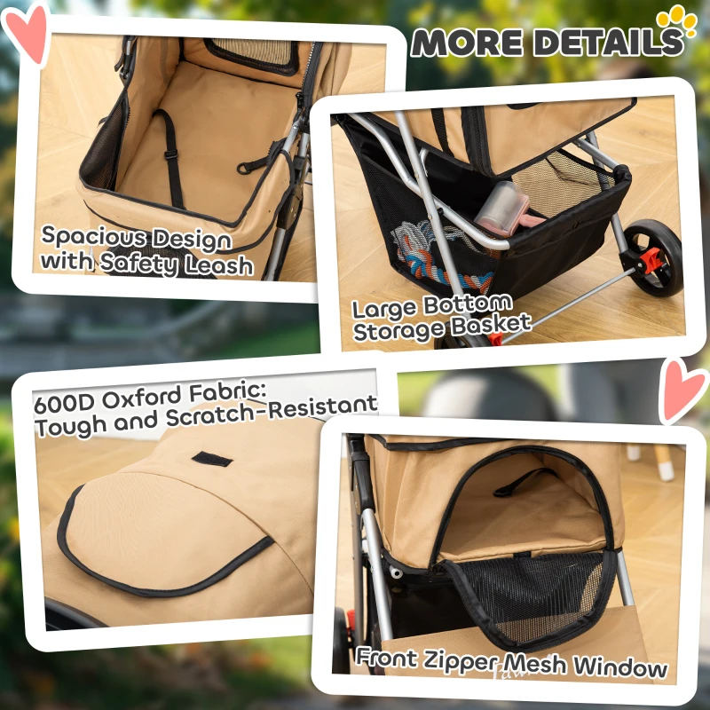 PawHut Pet Stroller Foldable Carrier for Cat, Dog and More 4 Wheels Travel Jogger with Cup Holder, Storage Basket, 360 ° swiveling front wheels, Easy Fold, Coffee