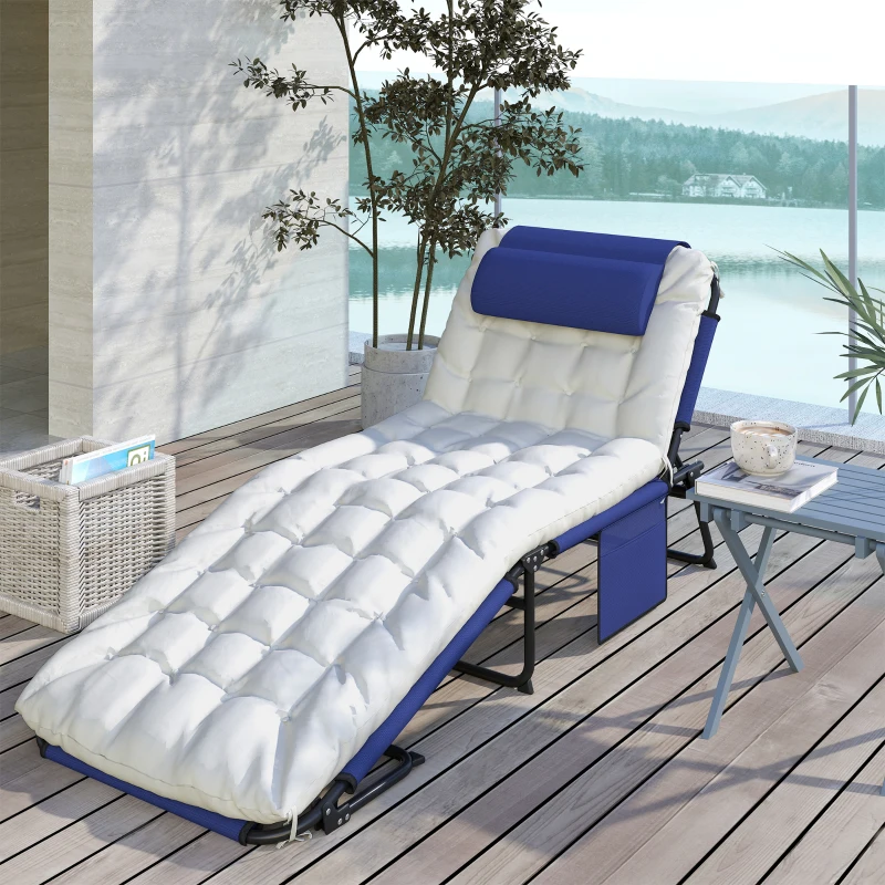 Outsunny Folding Chaise Lounge Pool Chair with 4-level Reclining Back, Cushion, Side Pocket, Headrest, Navy Blue