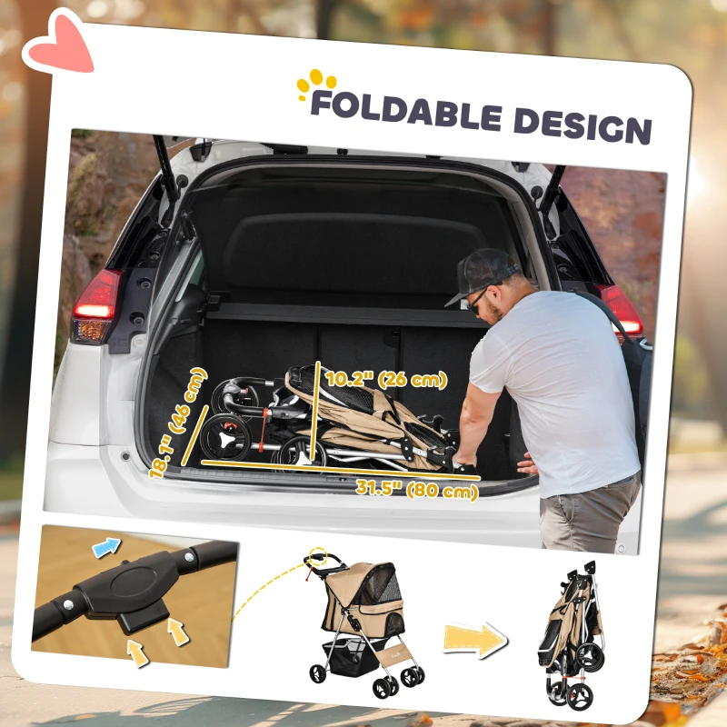 PawHut Pet Stroller Foldable Carrier for Cat, Dog and More 4 Wheels Travel Jogger with Cup Holder, Storage Basket, 360 ° swiveling front wheels, Easy Fold, Coffee