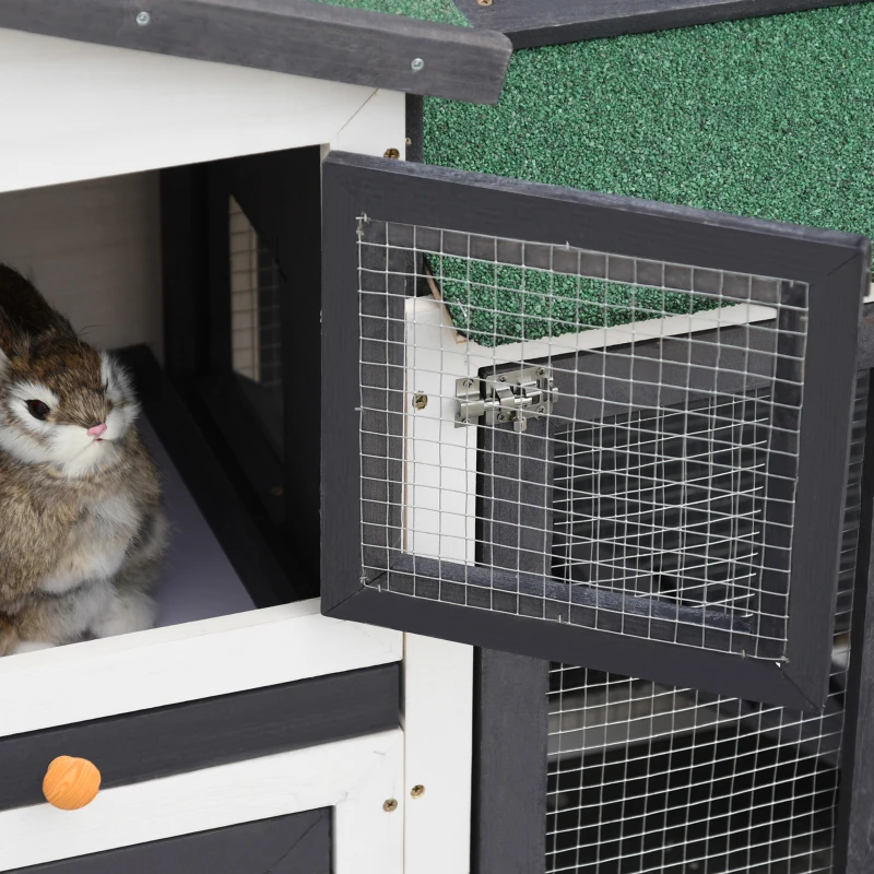 PawHut Large Rabbit Hutch with Double Runs, Wooden Bunny Cage Outdoor with Removable Tray, Ramps, Roof, 80" x 18" x 31.5", Gray