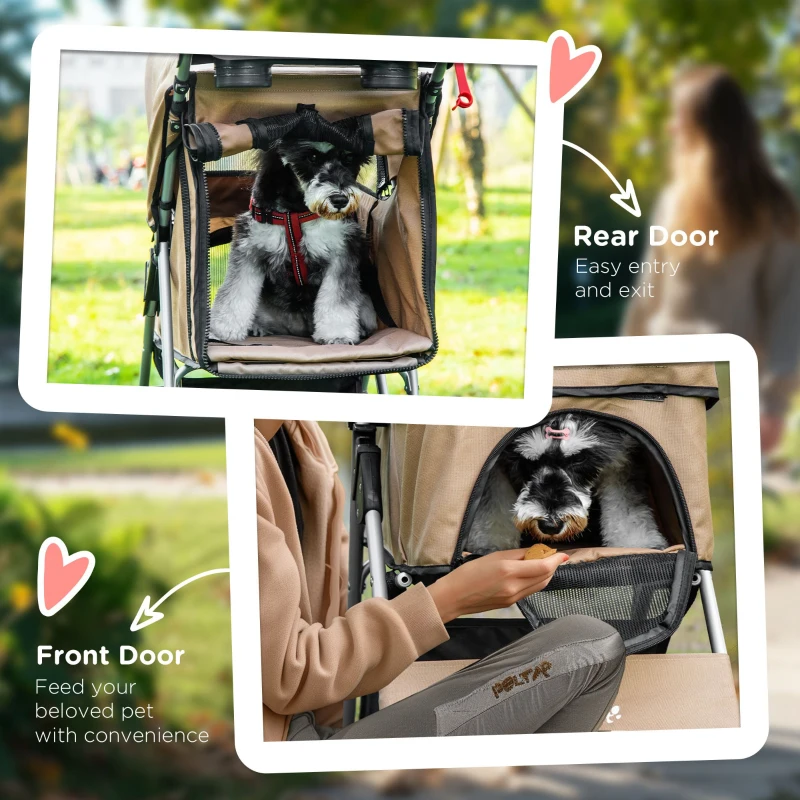 PawHut Pet Stroller Foldable Carrier for Cat, Dog and More 4 Wheels Travel Jogger with Cup Holder, Storage Basket, 360 ° swiveling front wheels, Easy Fold, Coffee
