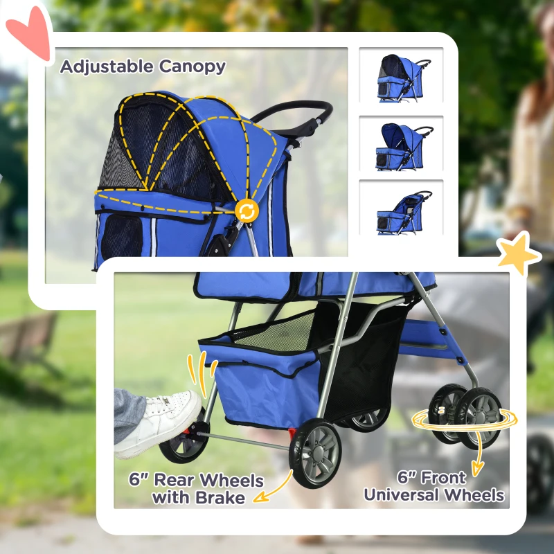 PawHut 4 Wheel Pet Stroller for Small Dogs Cats, Dog Stroller with Folding Sunshade Canopy, Pet Carrier Folding Sunshade Canopy with Brake, Safety Leash, Cup Holder, Blue