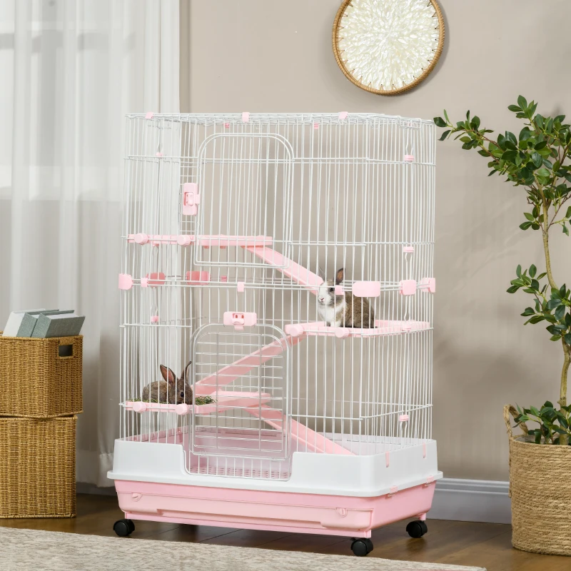 PawHut 32"L 4-Level Small Animal Cage Rabbit Hutch with Wheels, Slide-out Tray for Bunny, Chinchillas, Ferret, Pink