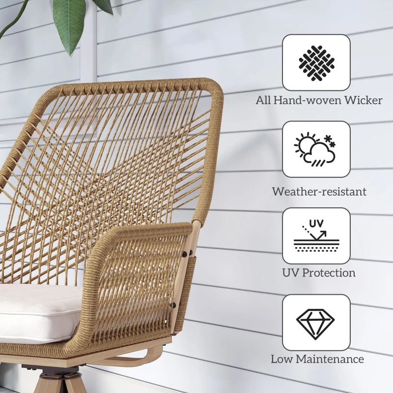 Outsunny Patio Swivel Chairs Set of 2, Rattan Patio Dining Chairs with Soft Cushions for Backyard, Lawn, Porch, or Garden, Khaki