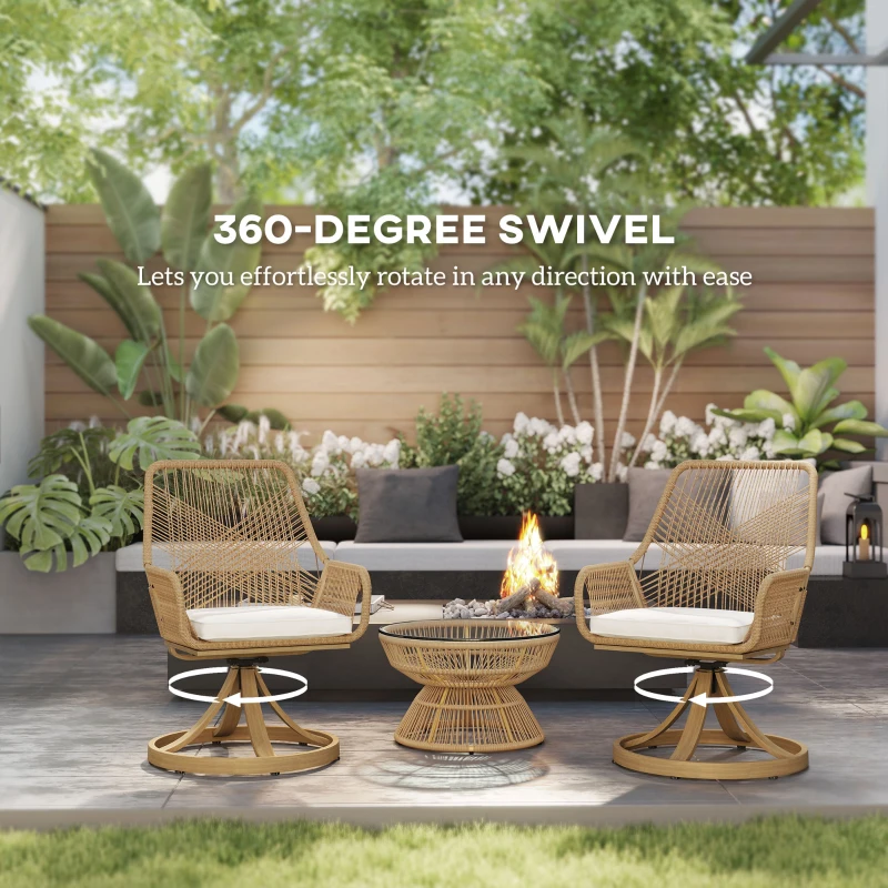 Outsunny Patio Swivel Chairs Set of 2, Rattan Patio Dining Chairs with Soft Cushions for Backyard, Lawn, Porch, or Garden, Khaki