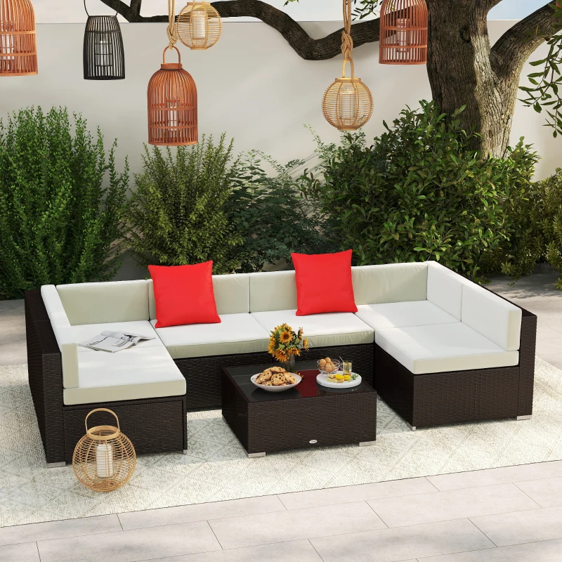 Outsunny 7 Piece Outdoor Patio Sofa Set with Cushions, All Weather PE Rattan, 29.5" Sofa Section, Glass Top Coffee Table for Outdoor Living, Beige(m-2)