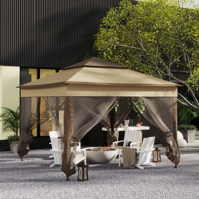 Outsunny 11' x 11' Pop Up Canopy, Outdoor Patio Gazebo Shelter with Removable Zipper Netting, Instant Event Tent w/ 114 Square Feet of Shade and Carry Bag for Backyard, Garden, Khaki