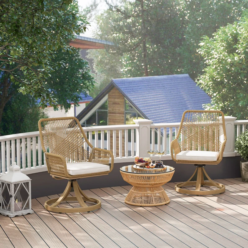 Outsunny Patio Swivel Chairs Set of 2, Rattan Patio Dining Chairs with Soft Cushions for Backyard, Lawn, Porch, or Garden, Khaki