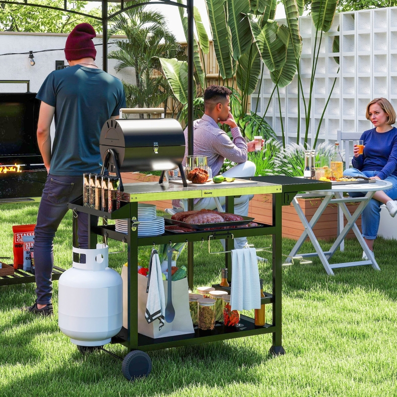 Outsunny 3-Shelf Outdoor Grill Cart Table with Foldable Side Table and Stainless Steel Table Top, Pizza Oven Stand on Wheels