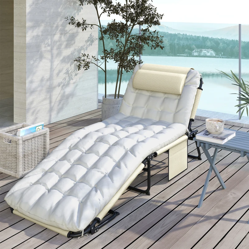 Outsunny Folding Lounge Chair with 4-level Reclining Back & Cushion, Beige