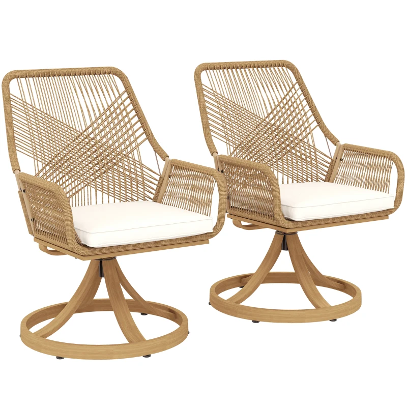 Outsunny Outdoor Swivel Dining Chairs Set of 2, Patio Rattan Chairs with Soft Cushions for Garden, Backyard, Poolside, Khaki