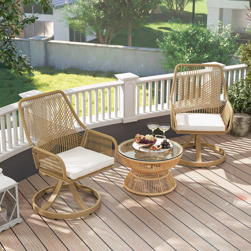 Outsunny Patio Swivel Chairs Set of 2, Rattan Patio Dining Chairs with Soft Cushions for Backyard, Lawn, Porch, or Garden, Khaki