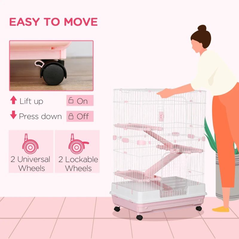 PawHut 32"L 4-Level Small Animal Cage Rabbit Hutch with Wheels, Slide-out Tray for Bunny, Chinchillas, Ferret, Pink
