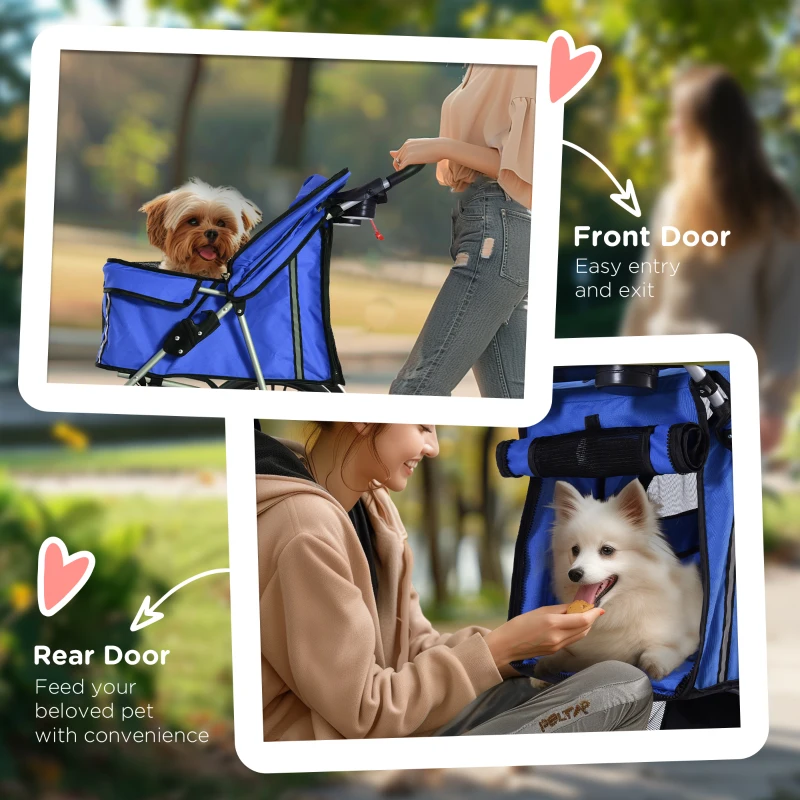 PawHut 4 Wheel Pet Stroller for Small Dogs Cats, Dog Stroller with Folding Sunshade Canopy, Pet Carrier Folding Sunshade Canopy with Brake, Safety Leash, Cup Holder, Blue