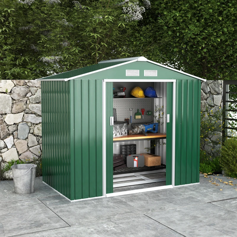 Outsunny 7' x 4' Outdoor Storage Shed, Garden Tool House w/ Foundation Kit Vents & Sliding Doors for Backyard Patio, Green