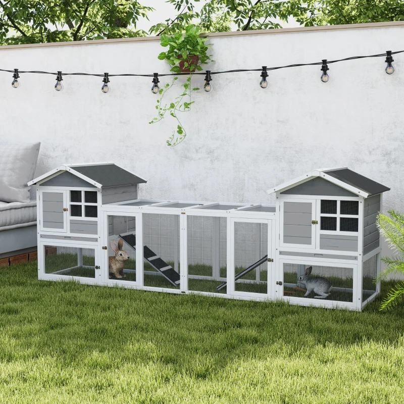 PawHut 102" 2 in 1 Wooden Rabbit Hutch, Double Main House Pet Playpen, Large Bunny House Enclosure for Indoor/Outdoor with 2 Run Boxes, No Leak Tray, and Ramp, for Guinea Pig and Small Animals, Gray