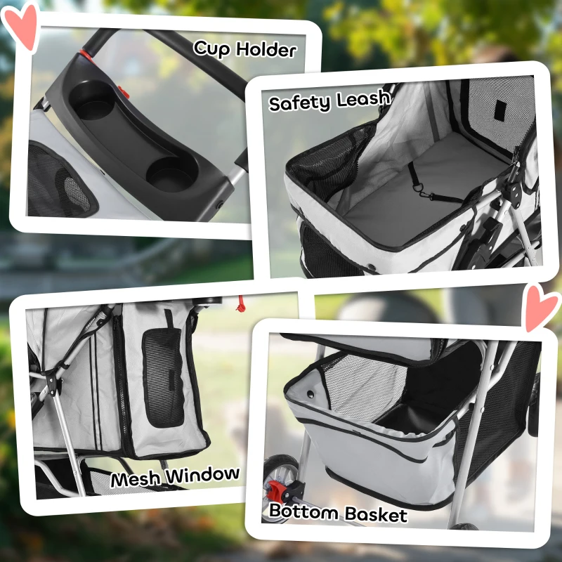 PawHut 4 Wheel Pet Stroller for Small Dogs Cats, Dog Stroller with Folding Sunshade Canopy, Pet Carrier Folding Sunshade Canopy with Brake, Safety Leash, Cup Holder, Grey