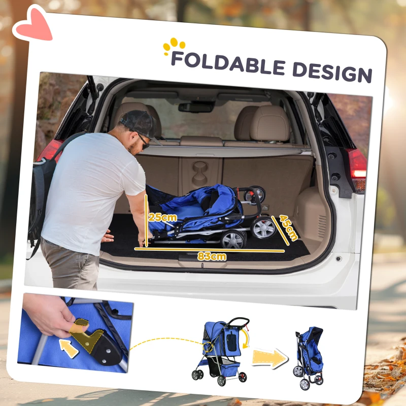 PawHut 4 Wheel Pet Stroller for Small Dogs Cats, Dog Stroller with Folding Sunshade Canopy, Pet Carrier Folding Sunshade Canopy with Brake, Safety Leash, Cup Holder, Blue