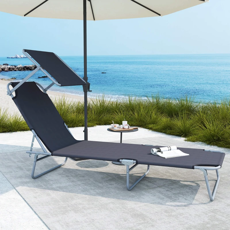 Outsunny Outdoor Pool Chaise Lounge Chair, Folding Tanning Chair with Sun Shade, Gray
