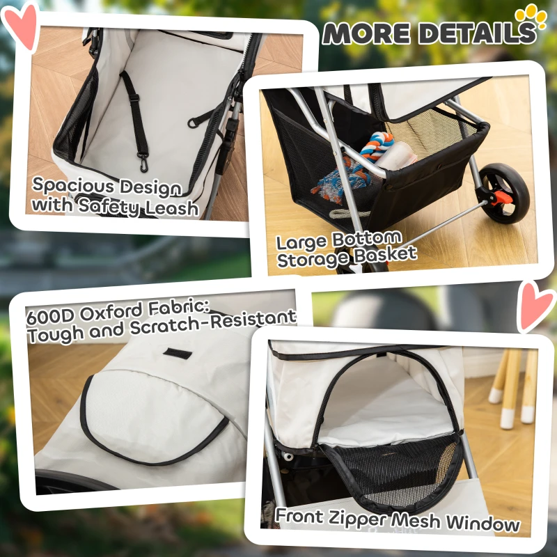 PawHut Dog Stroller, One-click Folding Pet Stroller with Cup Holder, 4 Wheels Travel Carrier w/ Brakes, 360° Swiveling Front Wheels, Storage Basket, for XS/Small Dogs Cats, Grey