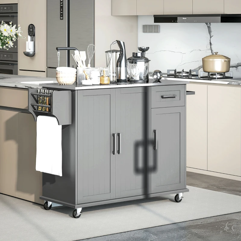 HOMCOM Kitchen Island with Wheels, Kitchen Island on Wheels with Drawer, 3 Cabinets, Stainless Steel Countertop, Gray