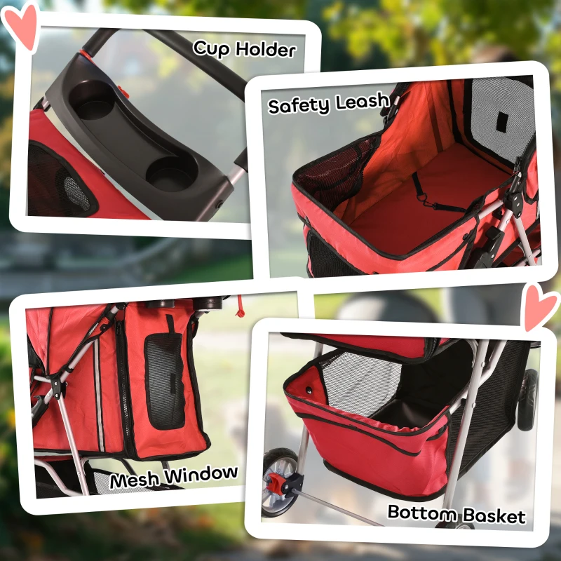 PawHut 4 Wheel Dog Pet Stroller Dog Cat Carrier Folding Sunshade Canopy with Brake, Red