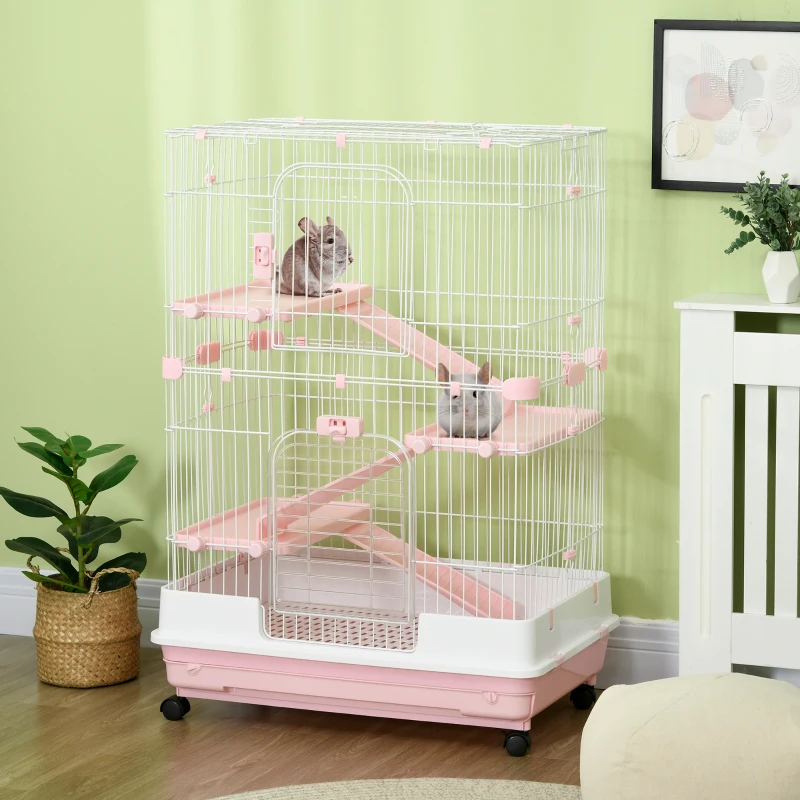 PawHut 32"L 4-Level Small Animal Cage Rabbit Hutch with Wheels, Slide-out Tray for Bunny, Chinchillas, Ferret, Pink