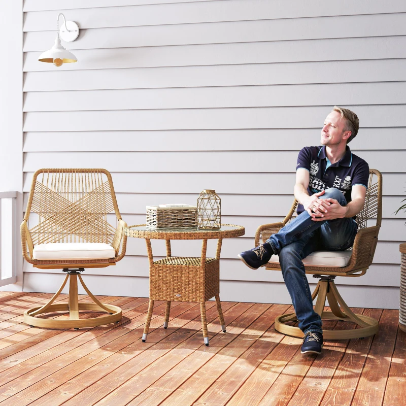 Outsunny Patio Swivel Chairs Set of 2, Rattan Patio Dining Chairs with Soft Cushions for Backyard, Lawn, Porch, or Garden, Khaki