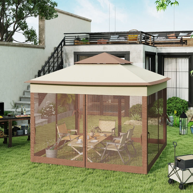 Outsunny Outdoor Patio Pop Up Canopy Gazebo Shelter with Zipper Netting, Carry Bag, 11' x 11', Khaki