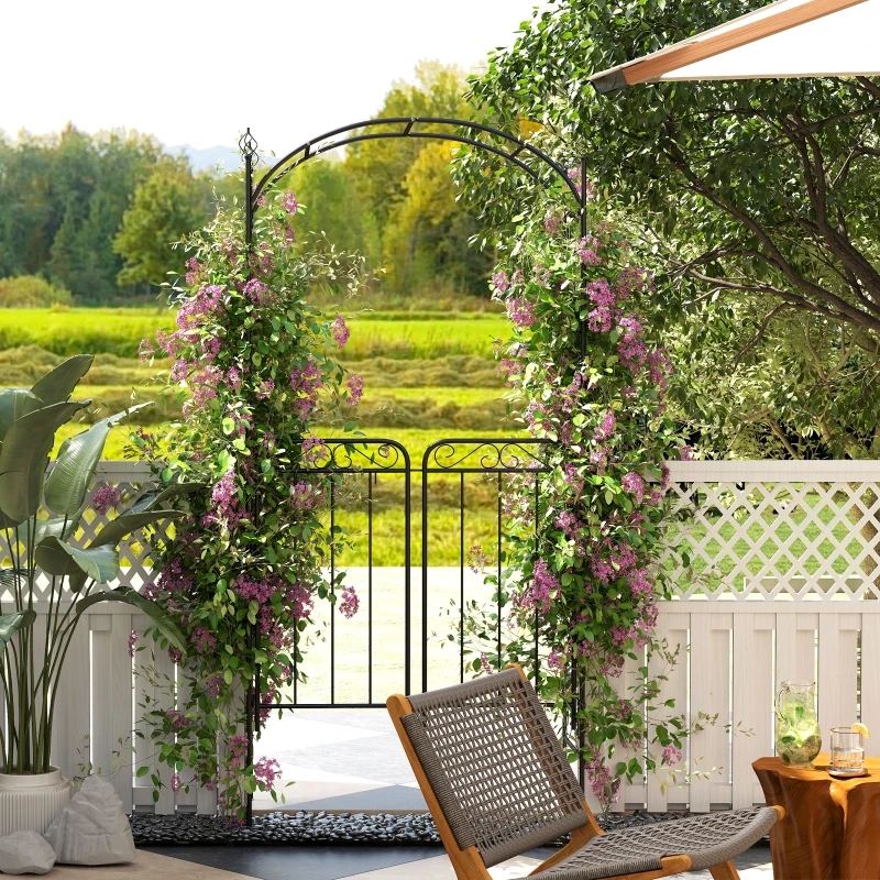 Outsunny 84" Garden Arch Arbor with Gate, Metal Arch Trellis, Garden Archway for Climbing Vines, Wedding Ceremony Decoration, Flourishes & Arrow Tips, Black