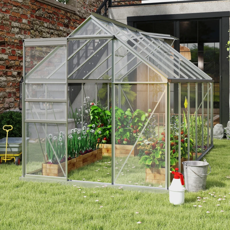 Outsunny 12' x 6' x 6.5' Polycarbonate Greenhouse with Aluminum Frame, Walk-in Heavy Duty Green House with Adjustable Roof Vent, Rain Gutter and Sliding Door for Winter, Silver