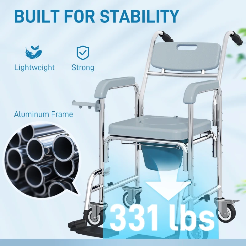 HOMCOM Rolling Shower Wheelchair for Seniors, Bedside Commode Chair with Locking Wheels, Seat, Backrest, Arms, Gray