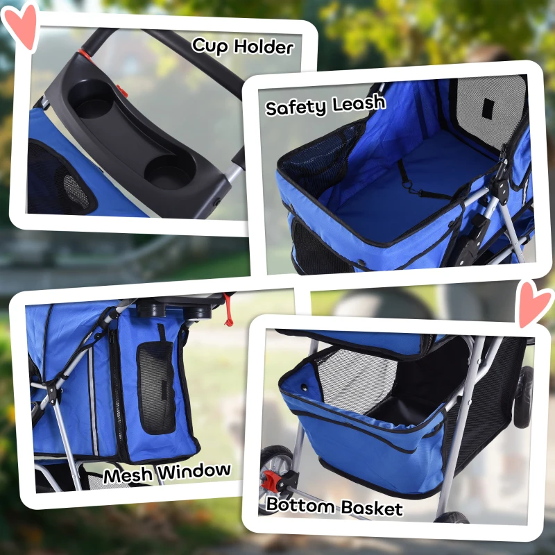 PawHut 4 Wheel Pet Stroller for Small Dogs Cats, Dog Stroller with Folding Sunshade Canopy, Pet Carrier Folding Sunshade Canopy with Brake, Safety Leash, Cup Holder, Blue
