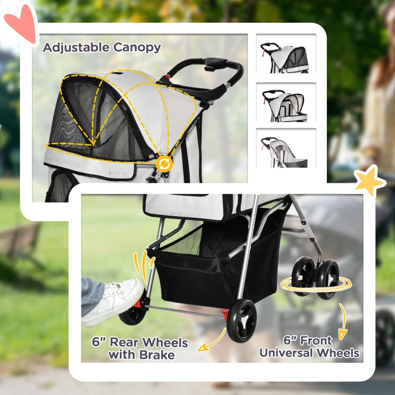 PawHut Dog Stroller, One-click Folding Pet Stroller with Cup Holder, 4 Wheels Travel Carrier w/ Brakes, 360° Swiveling Front Wheels, Storage Basket, for XS/Small Dogs Cats, Grey
