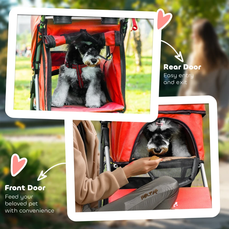 PawHut Pet Stroller Foldable Carrier for Cat, Dog and More 4 Wheels Travel Jogger with Cup Holder, Storage Basket, 360 ° swiveling front wheels, Easy Fold, Red