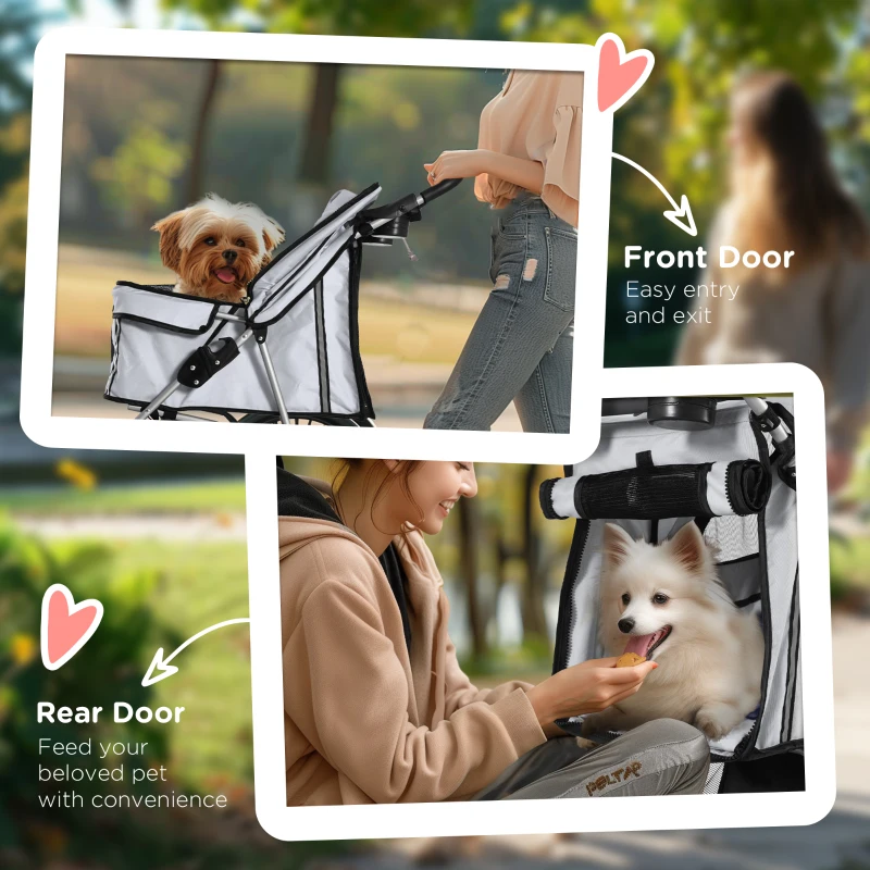 PawHut 4 Wheel Pet Stroller for Small Dogs Cats, Dog Stroller with Folding Sunshade Canopy, Pet Carrier Folding Sunshade Canopy with Brake, Safety Leash, Cup Holder, Grey