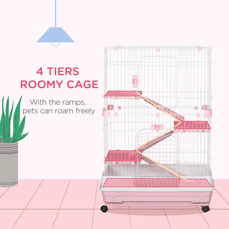 PawHut 32"L 4-Level Small Animal Cage Rabbit Hutch with Wheels, Slide-out Tray for Bunny, Chinchillas, Ferret, Pink